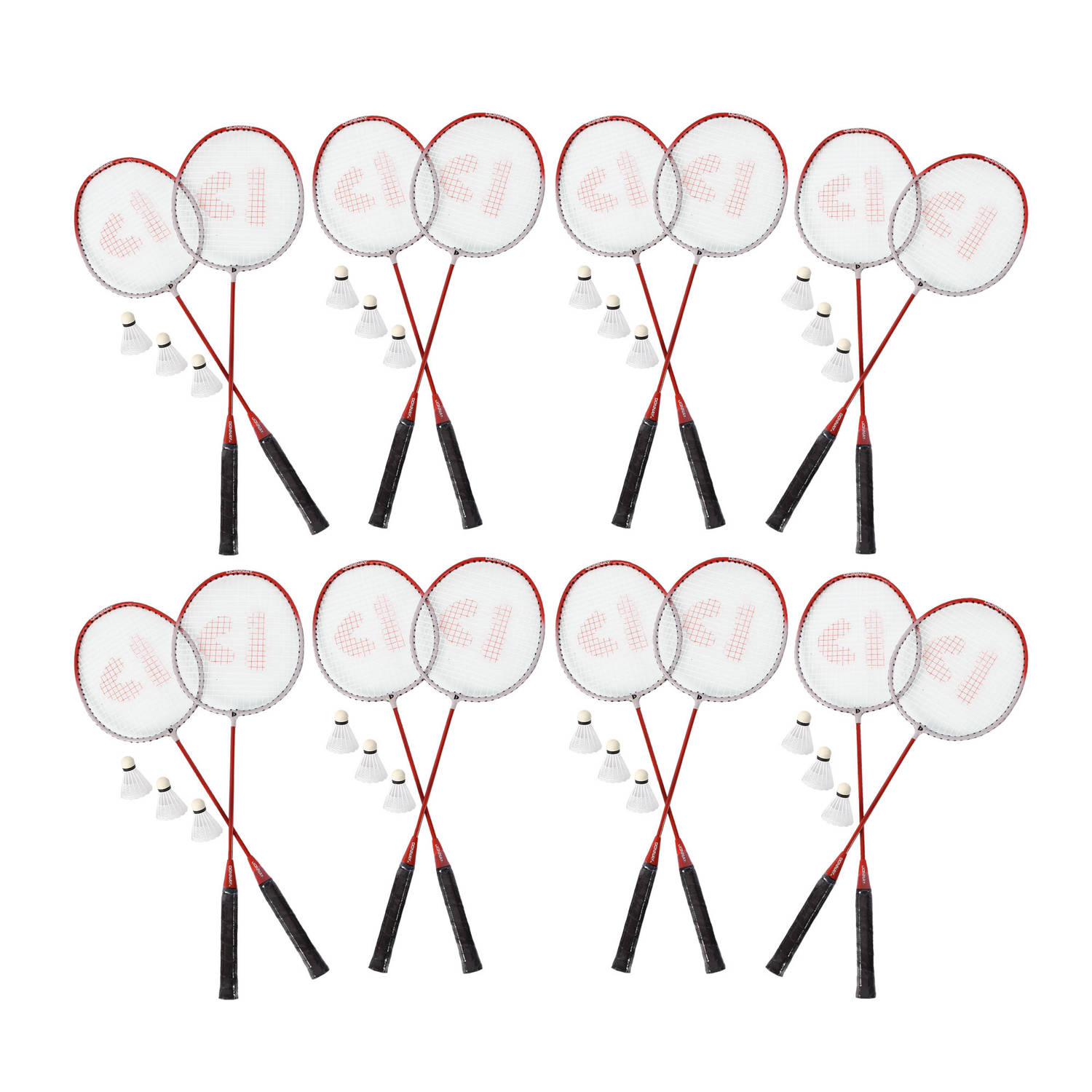 Voordelpak: Set van 8 Ultimate Badmintonset | 16x Aluminium Badminton Rackets | 24x Bio Plastic Shuttles | Geel | Inclusief Draagtas met elke Set