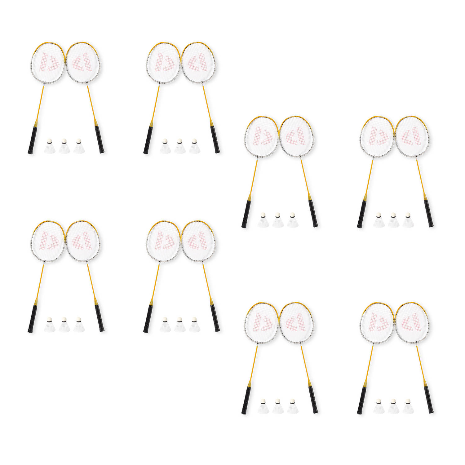 Voordelpak: Set van 8 Ultimate Badmintonset | 16x Aluminium Badminton Rackets | 24x Bio Plastic Shuttles | Geel | Inclusief Draagtas met elke Set
