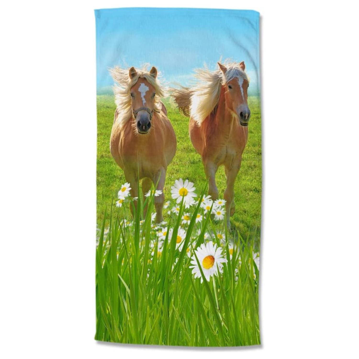 Droomtextiel Paarden Groen Kinder Strandlaken Handdoek 75x150 cm Heerlijk Zacht Velours