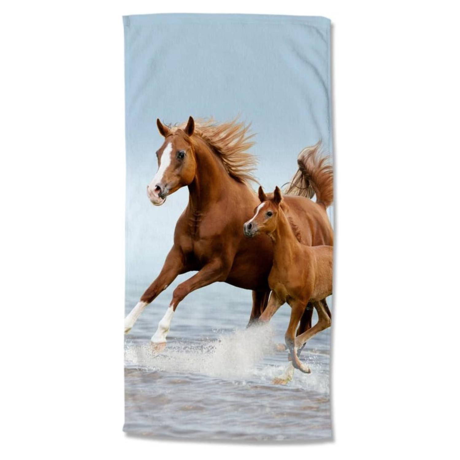 Droomtextiel Paarden Blauw Kinder Strandlaken Handdoek 75x150 cm Heerlijk Zacht Velours