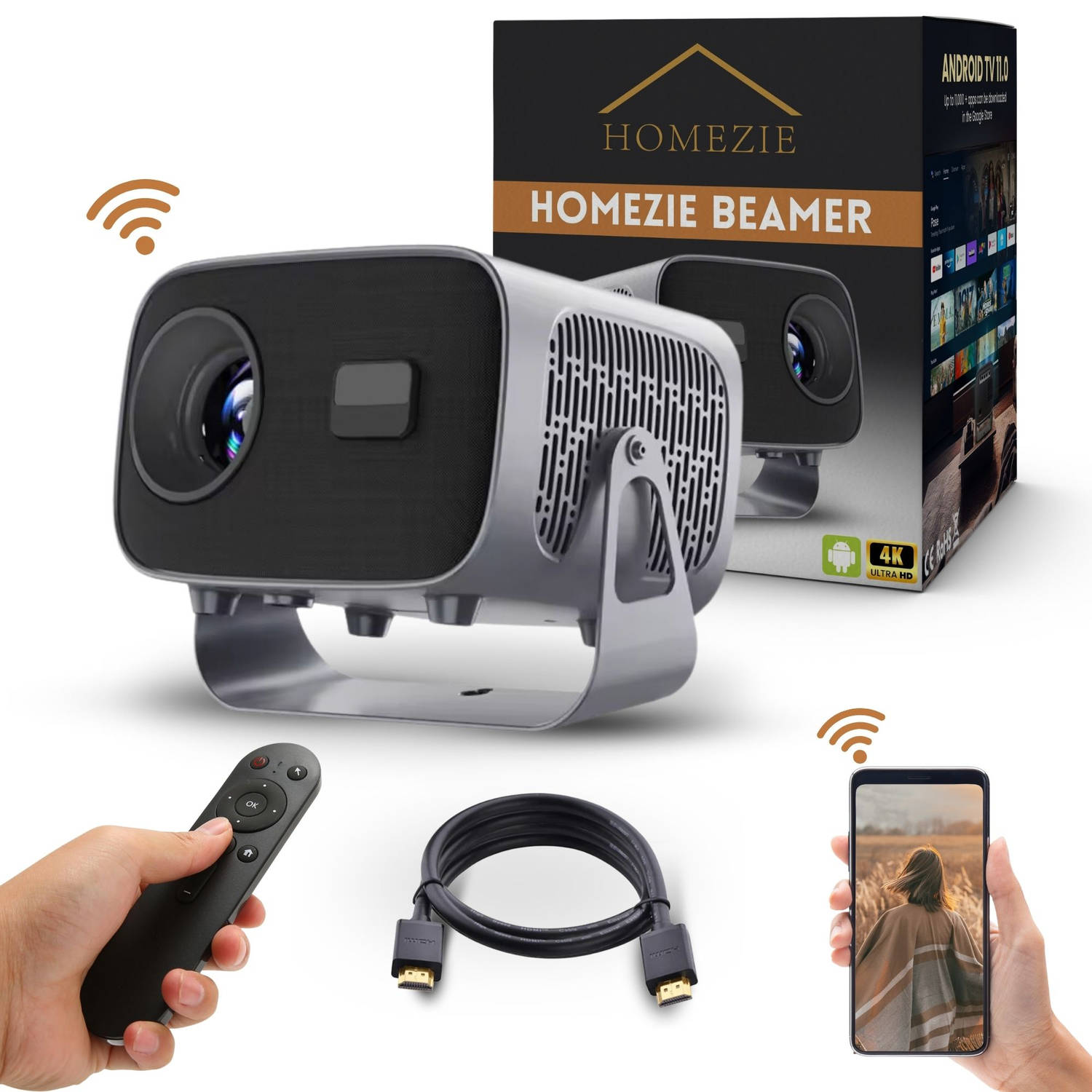 Homezie Beamer | Inclusief HDMI kabel & Afstandsbediening | Scherm Spiegelen vanaf iPhone & Android | Keystone correctie | 4K support | Android 11 | Projector