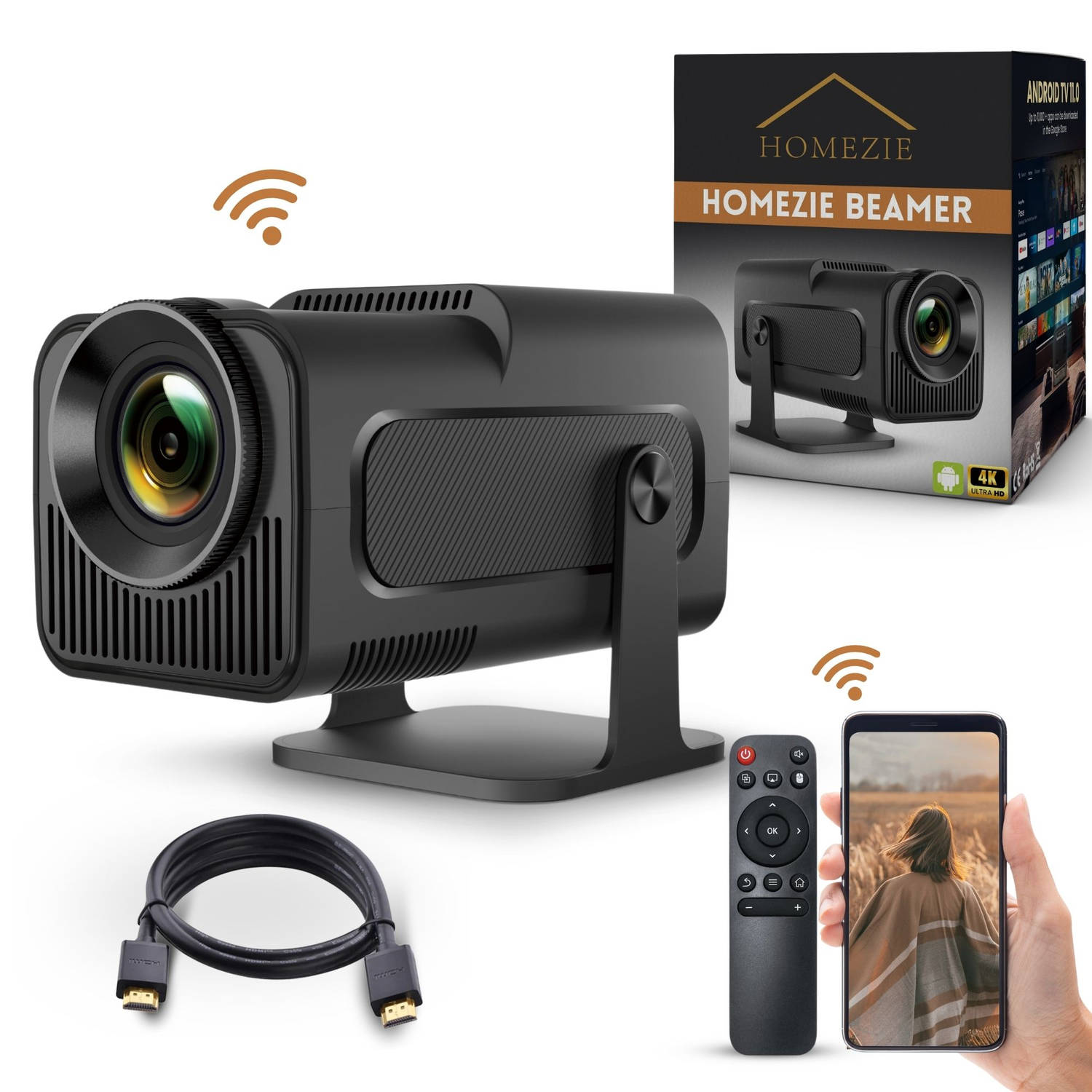 Homezie Beamer | 1080P | Inclusief HDMI kabel & Afstandsbediening | Scherm Spiegelen vanaf iPhone & Android | Keystone correctie | 4K support | Android 11 | Projector