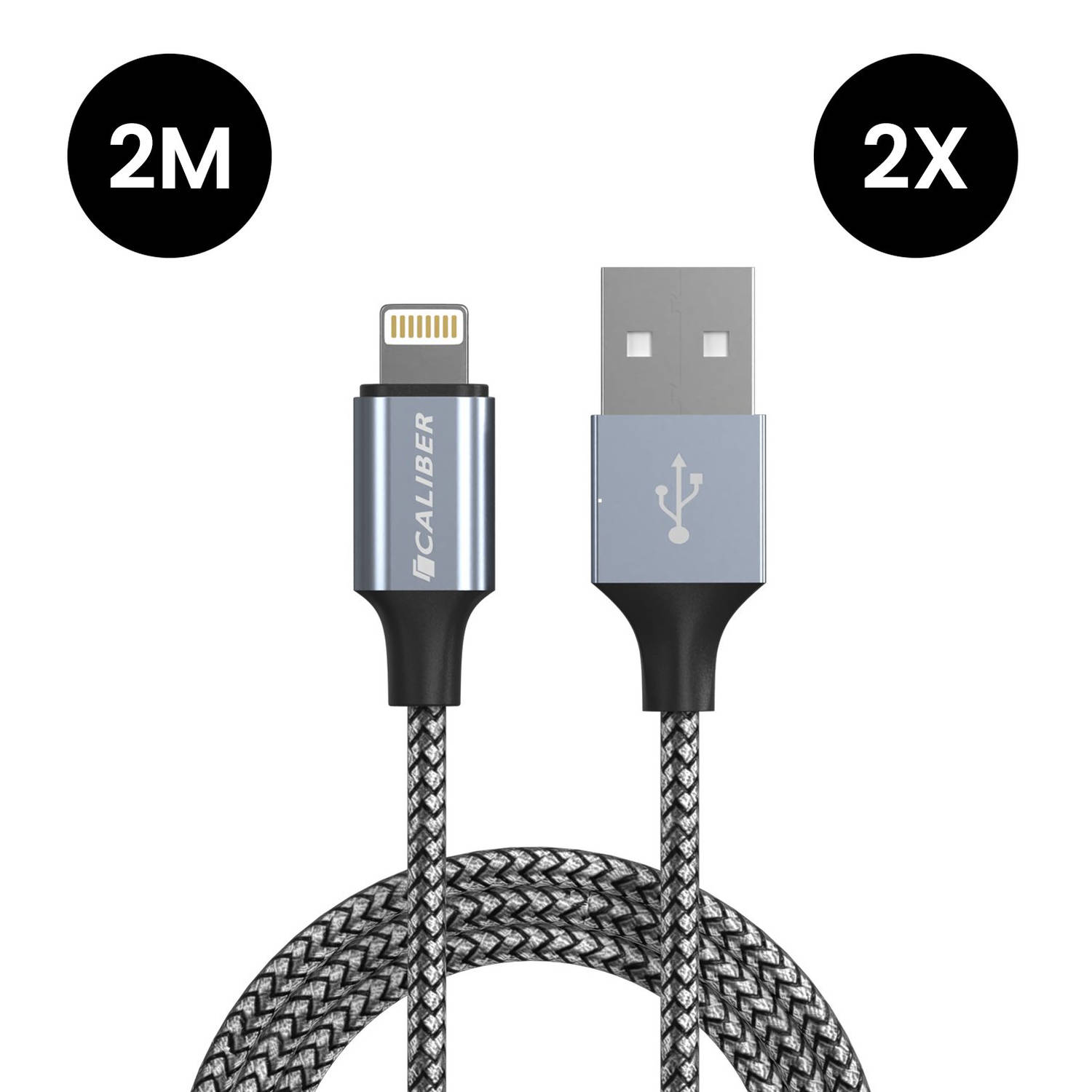 Caliber 2 x iPhone oplader kabel Lightning USB Kabel 2 meter iPhone Kabel Extra lange oplaadkabel St