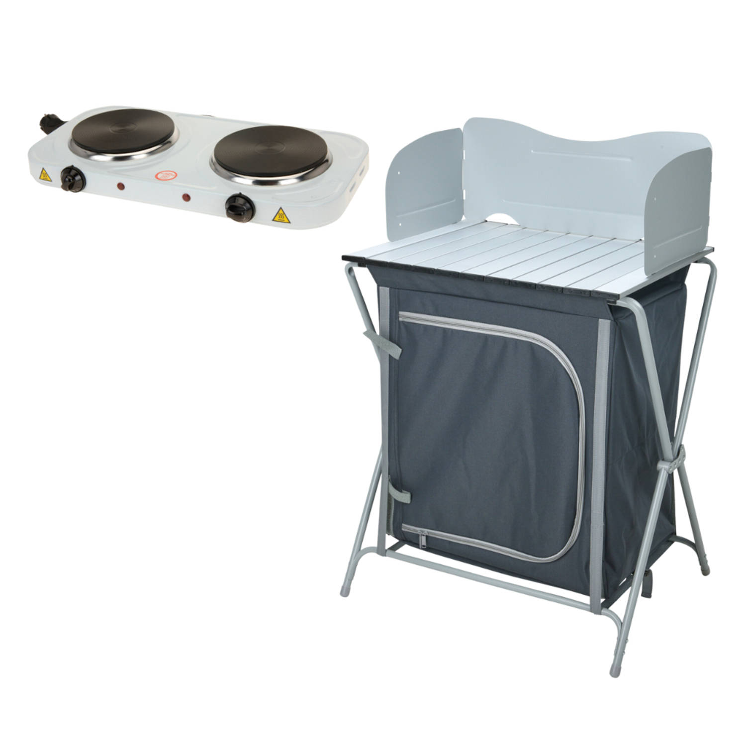 HIXA Campingkast Campingkeuken Opbouwbaar met Electrische Kookplaat 60x45x64cm Grijs