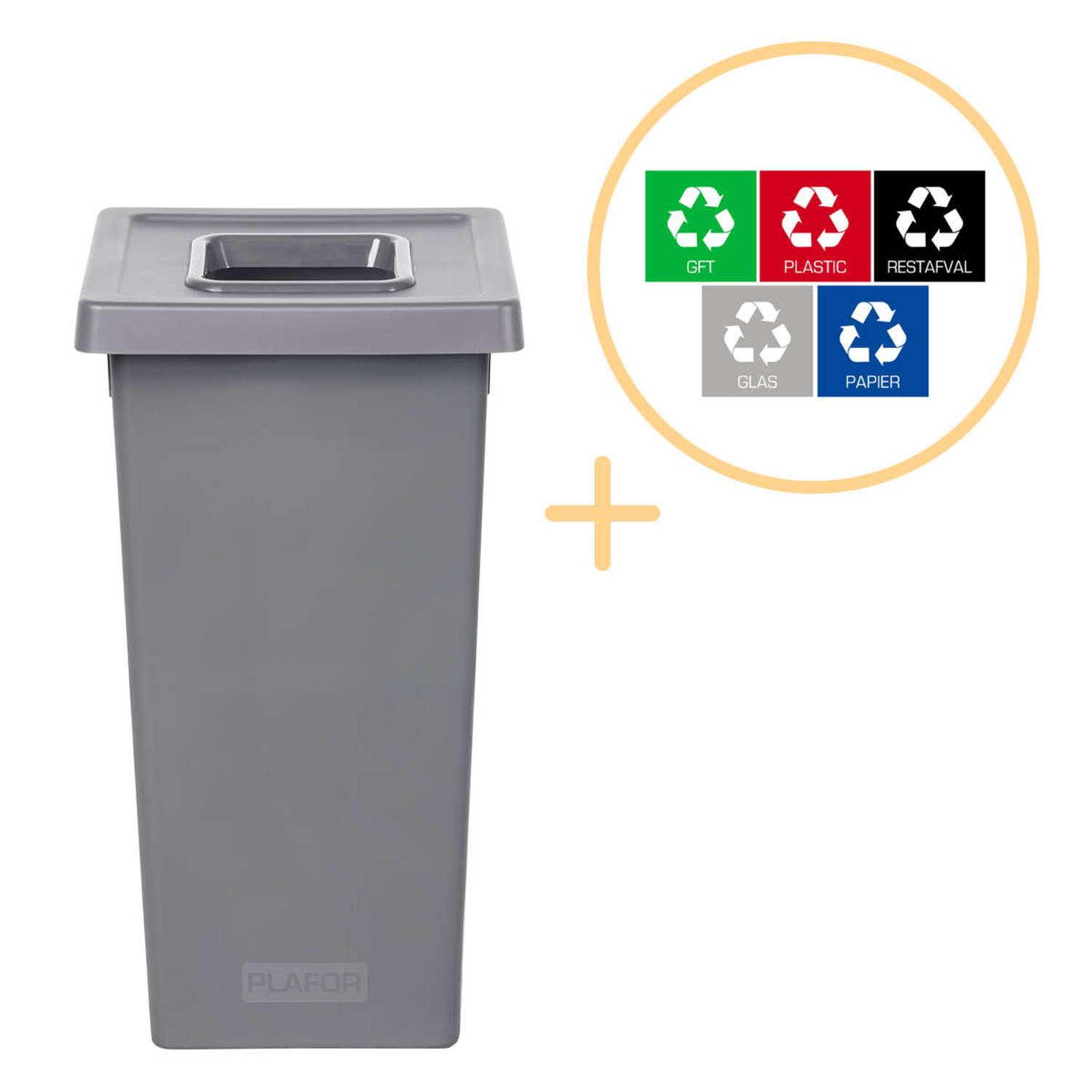 Plafor Fit Bin, Prullenbak voor afvalscheiding - 75L – Grijs - Inclusief 5-delige Stickerset - Afvalbak voor gemakkelijk Afval Scheiden en Recycling - Afvalemmer - Vuilnisbak voor