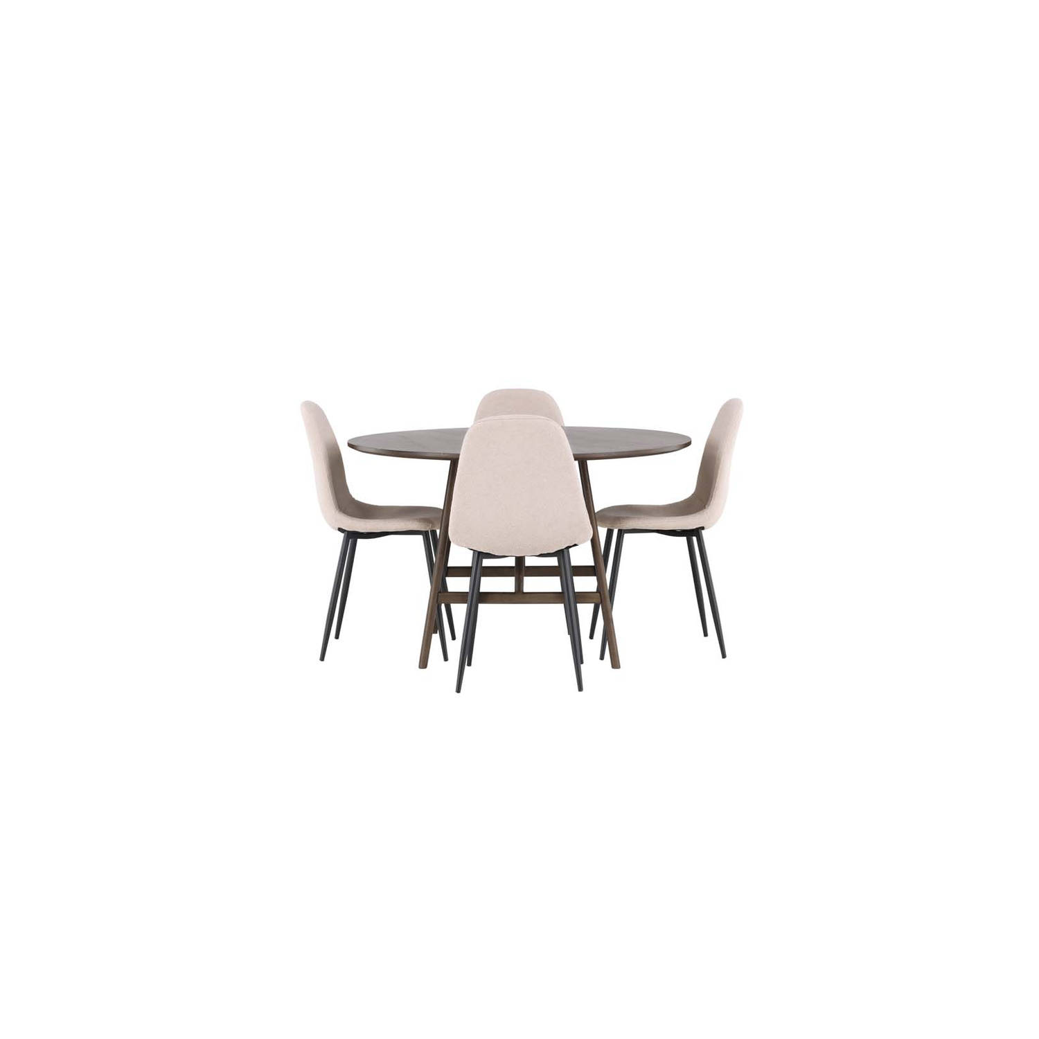 Kaseindon eethoek tafel bruin en 4 Polar stoelen beige.