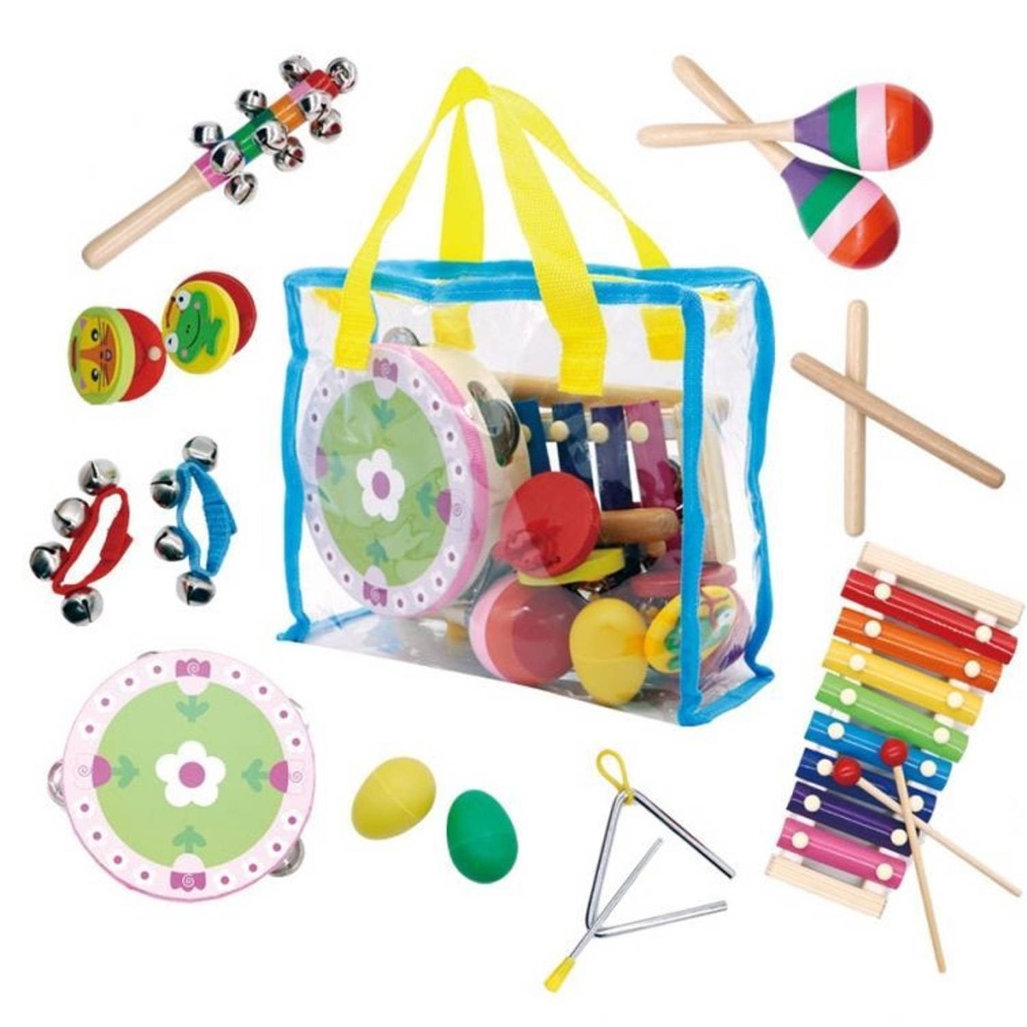 Ecotoys 14-Delige Houten Muziekinstrumenten Set Educatief Speelgoed Voor Kinderen Inclusief Opbergta