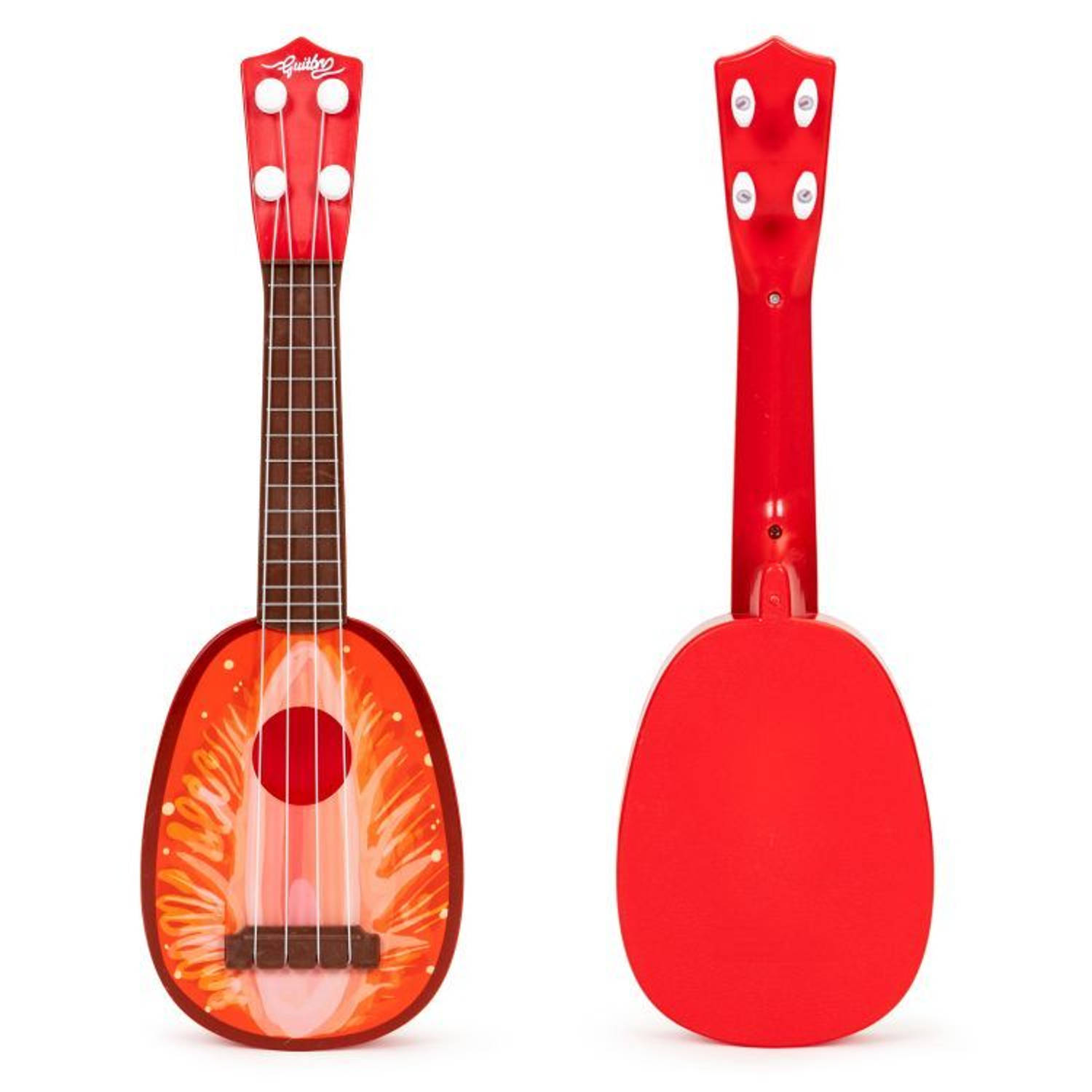Ecotoys mini kunststof kinder ukelele-gitaar aardbei met 4 snaren 36 x 11.5 x 3.5 cm rood