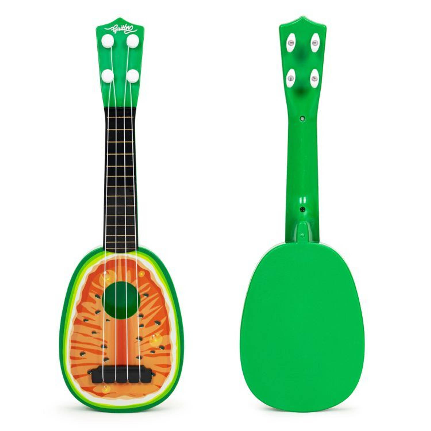 Ecotoys mini kunststof kinder ukelele-gitaar watermeloen met 4 snaren 36 x 11.5 x 3.5 cm groen