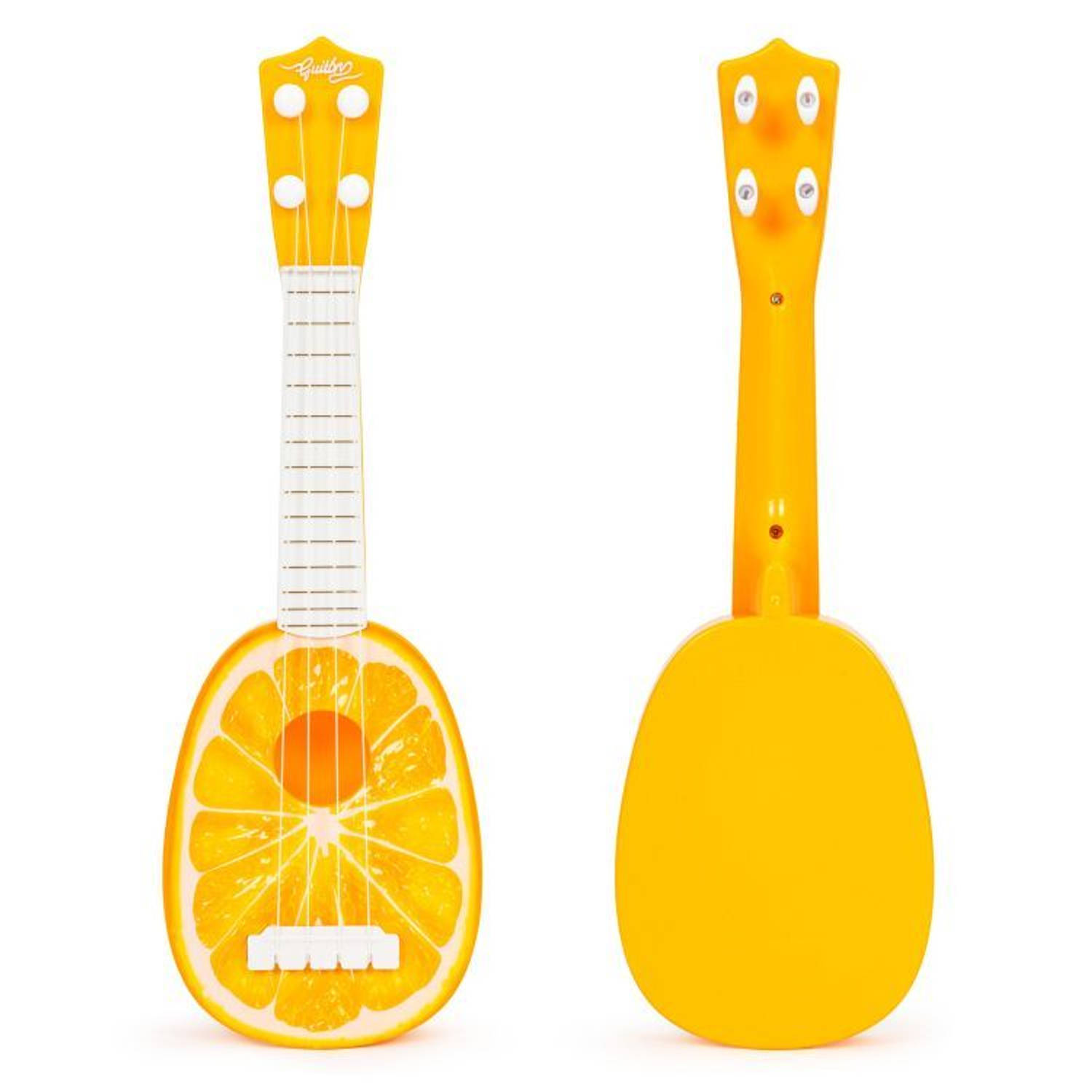 Ecotoys mini kunststof kinder ukelele-gitaar sinaasappel met 4 snaren 36 x 11.5 x 3.5 cm oranje