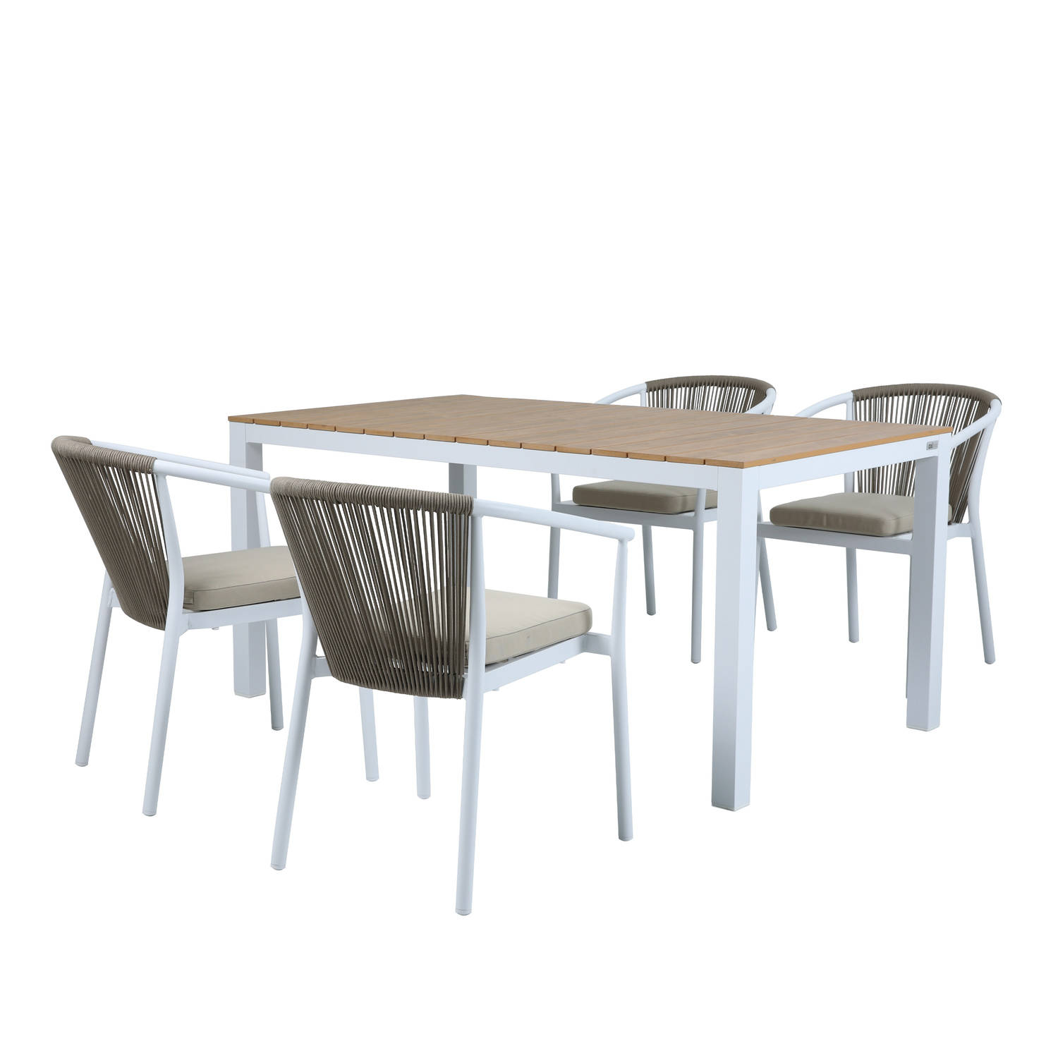 AXI Suvi Tuinset met 4 stoelen Wit met Teak-look Polywood – Gepoedercoat aluminium frame – Stoel met kaki kussen en rugleuning van Olefin touwen - Polywood tafelblad