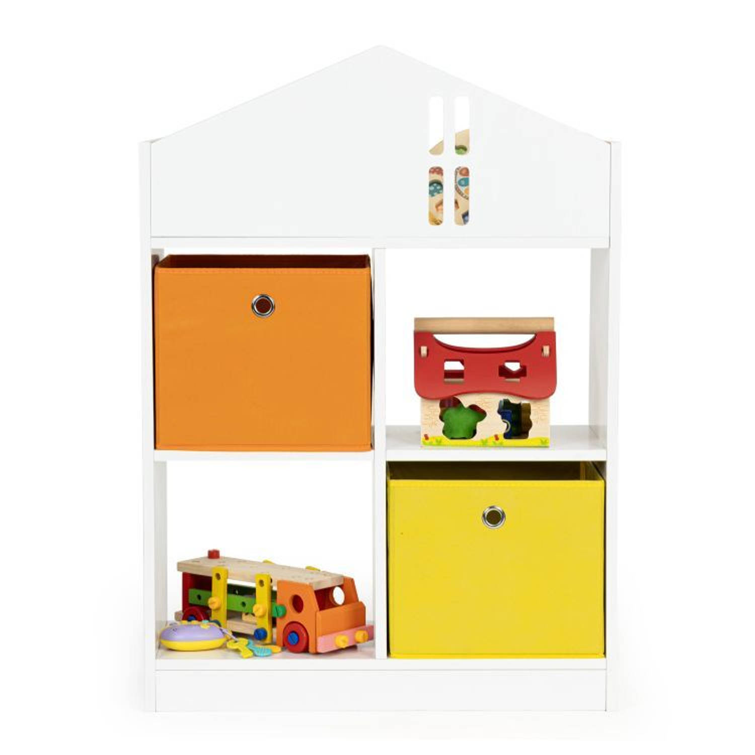 Ecotoys boekenkast met 2 mandjes speelgoedkast 6 vakken kinderkast wit-oranje-geel 65.2 x 27 x 90.5 