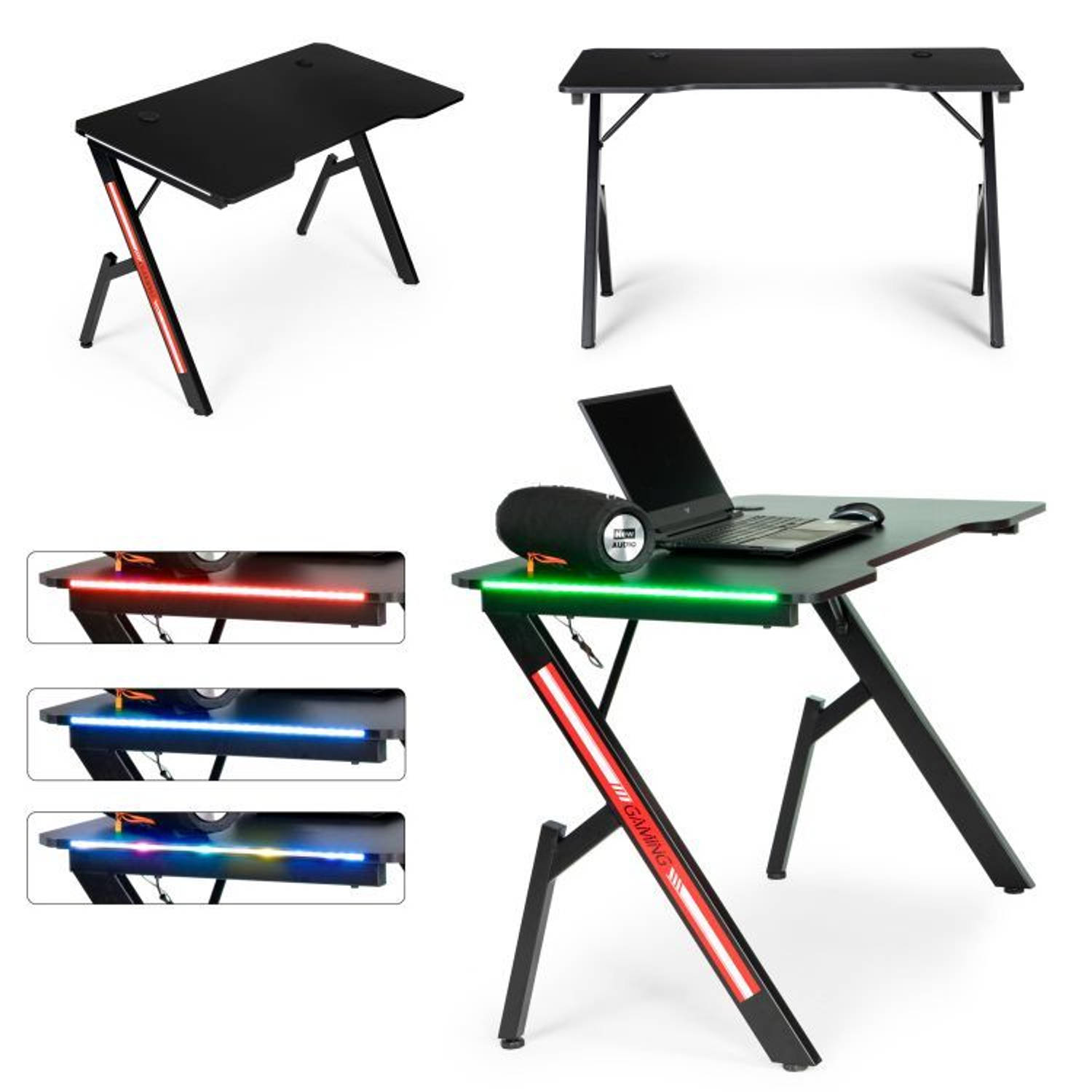 Modern Home gaming desk met RGB LED verlichting game bureau 120 x 60 x 73 cm zwart