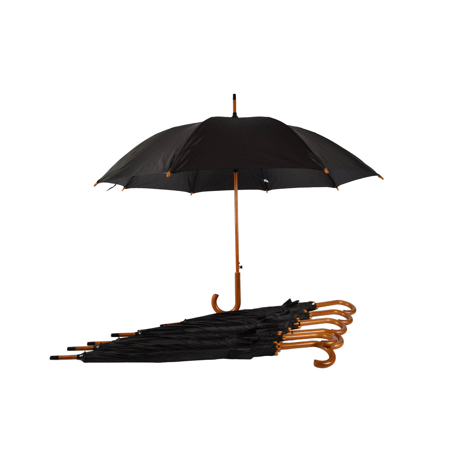 Set van 7 Zwarte Automatische Paraplu's voor Volwassenen met Houten Handvat - Aluminium Frame - Polyester Doek - 102cm Diameter - Regenkleding Must-Have!
