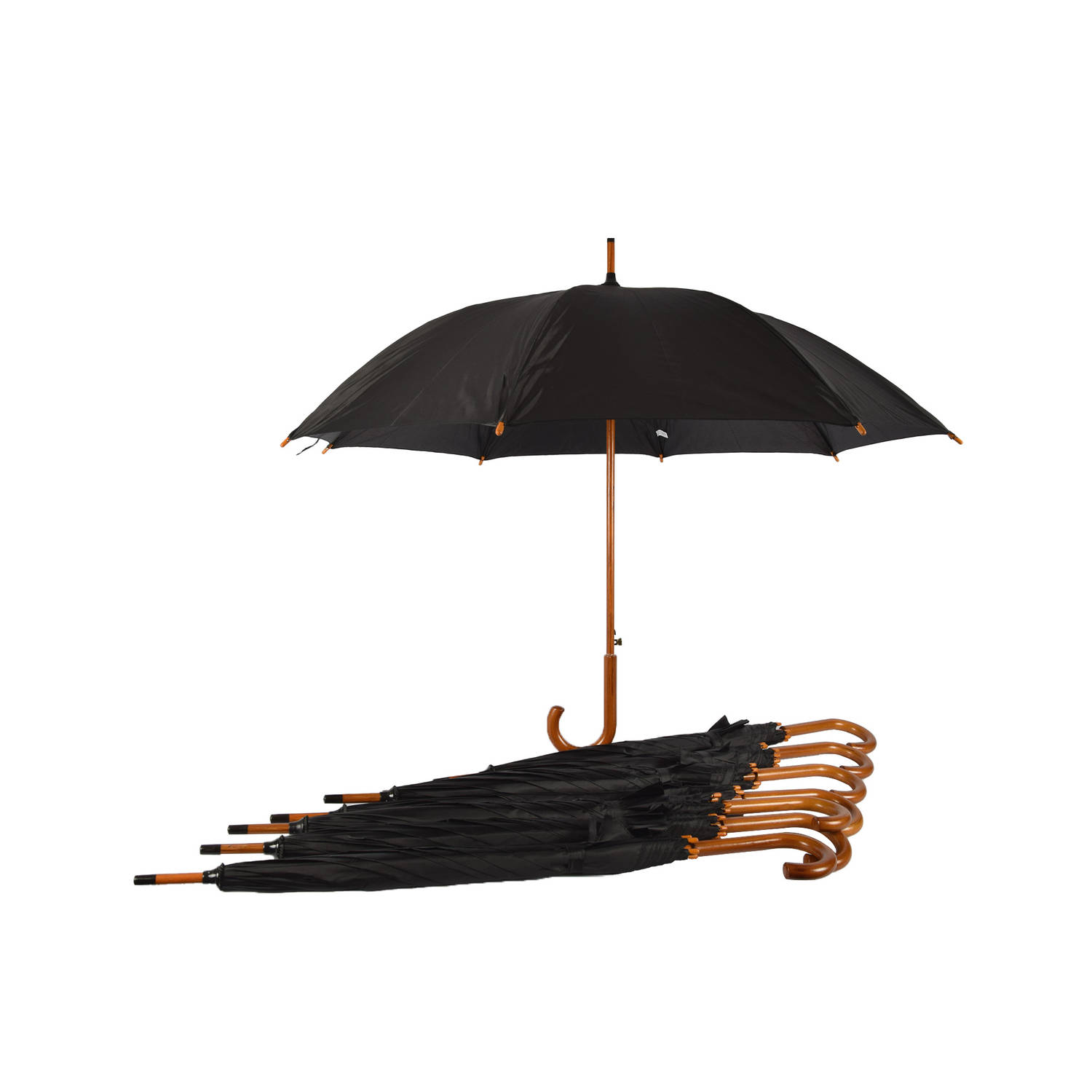 Set van 8 Zwarte Automatische Paraplu's voor Volwassenen met Houten Handvat - Aluminium Frame - Polyester Doek - 102cm Diameter – Groot Formaat