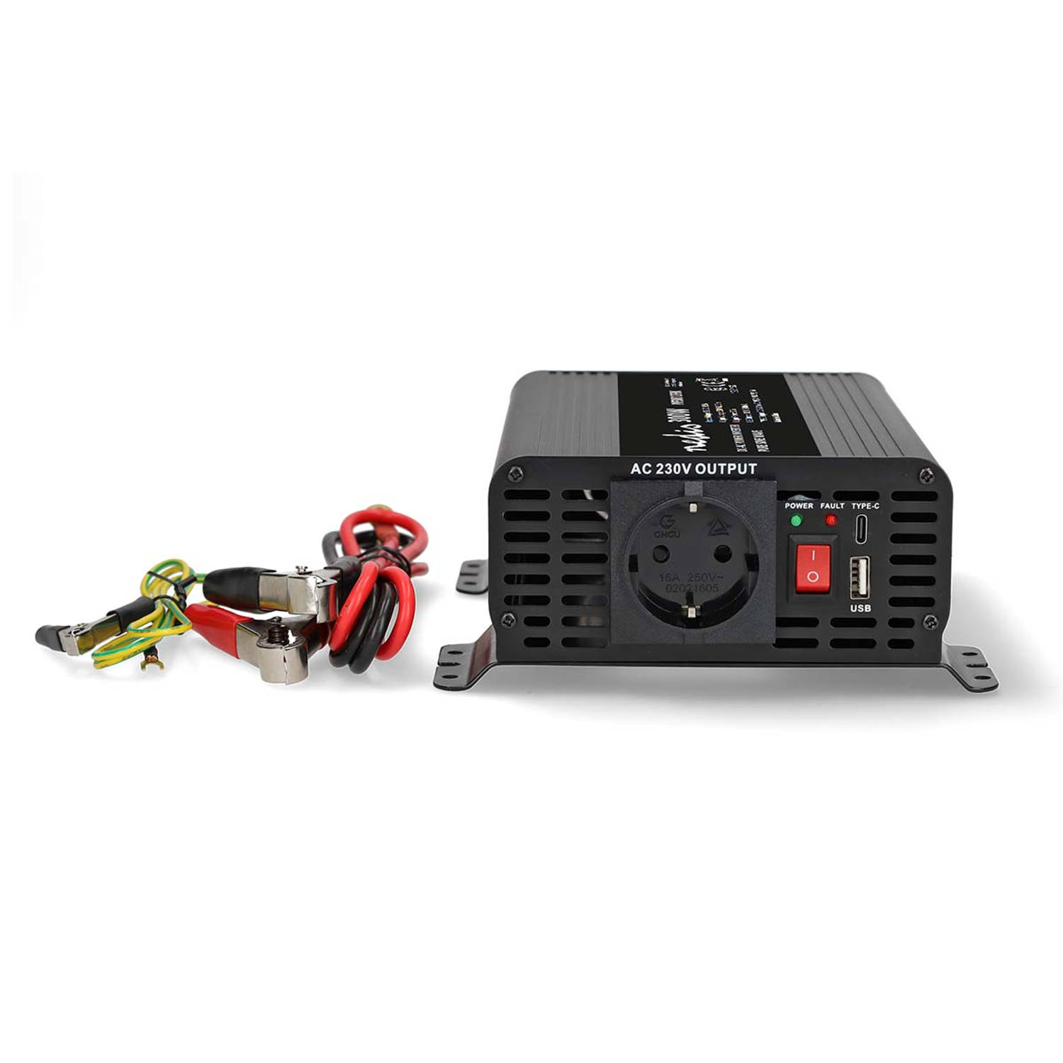 Nedis Inverter Pure Sinusgolf - Ingangsvoltage: 12 V DC - Apparaat stroomoutput: Type F (CEE 7/3) / USB-A / USB-C - 230 V AC 50 Hz - 300 W - Piekvermogen: 600 W - Screw Terminal -