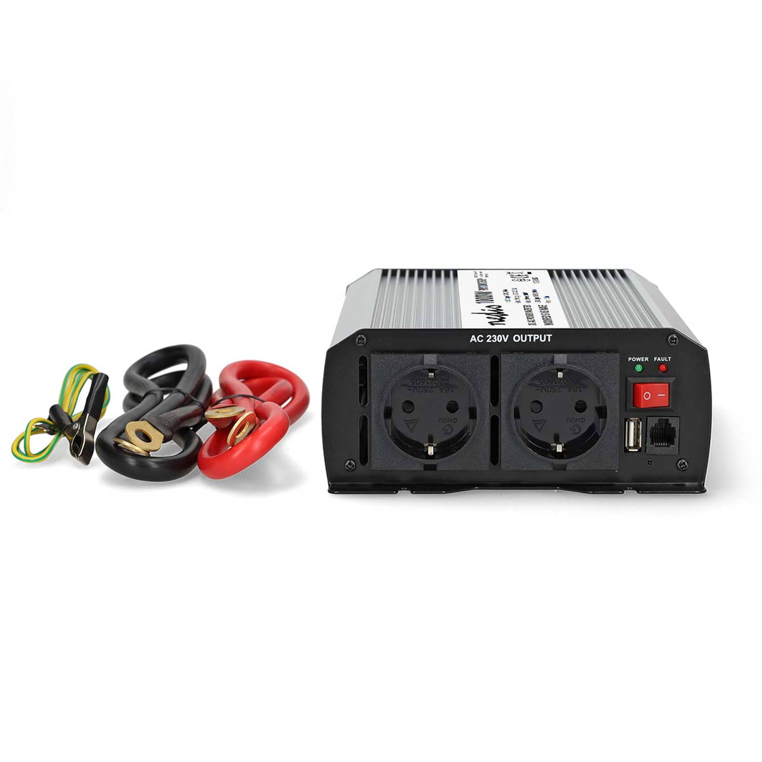 Nedis Inverter Gemodificeerde Sinusgolf - Ingangsvoltage: 12 V DC - Apparaat stroomoutput: Type F (CEE 7/3) / USB-A - 230 V AC 50 Hz - 1000 W - Piekvermogen: 2000 W - Screw Termina