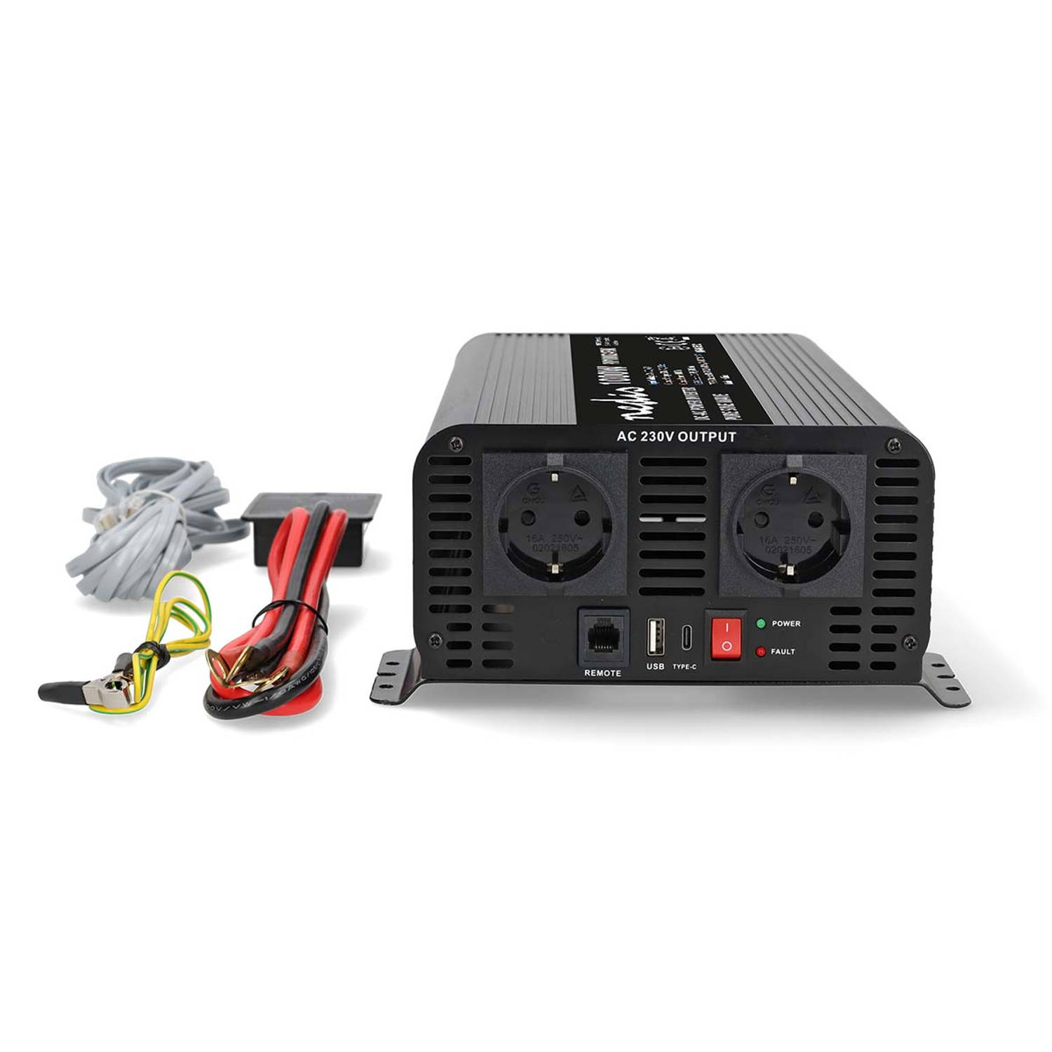 Nedis Inverter Pure Sinusgolf - Ingangsvoltage: 24 V DC - Apparaat stroomoutput: Type F (CEE 7/3) / USB-A / USB-C - 230 V AC 50 Hz - 1000 W - Piekvermogen: 2000 W - Screw Terminal