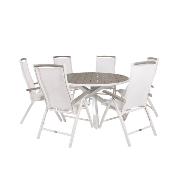 Parma tuinmeubelset tafel Ø140cm en 6 stoel 5pos Albany wit, grijs.