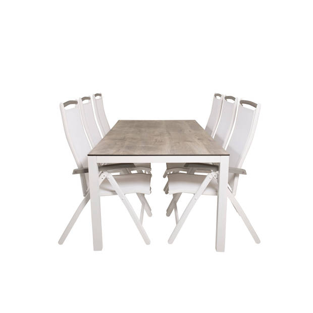 Llama tuinmeubelset tafel 100x205cm en 6 stoel 5posalu Albany wit, grijs, crèmekleur.