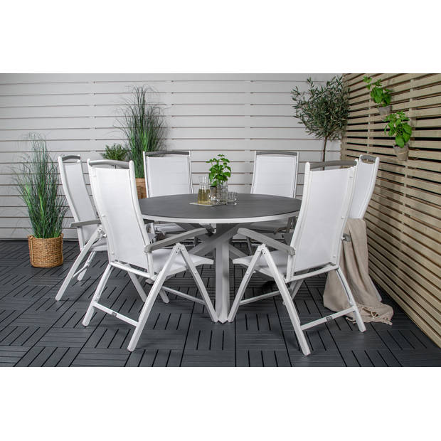 Copacabana tuinmeubelset tafel Ø140cm en 6 stoel 5posalu Albany wit, grijs, crèmekleur.