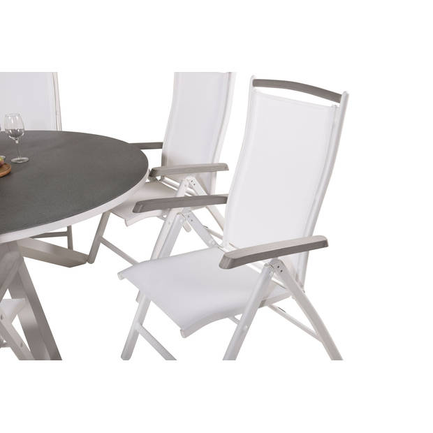 Copacabana tuinmeubelset tafel Ø140cm en 6 stoel 5posalu Albany wit, grijs, crèmekleur.