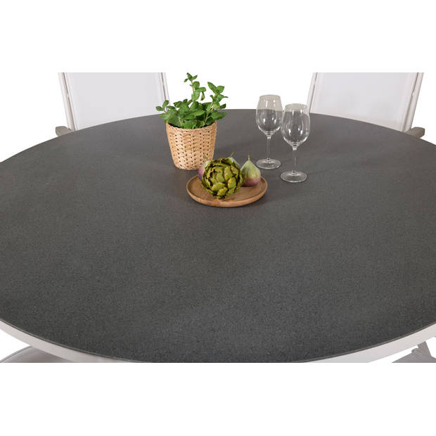 Copacabana tuinmeubelset tafel Ø140cm en 6 stoel 5posalu Albany wit, grijs, crèmekleur.