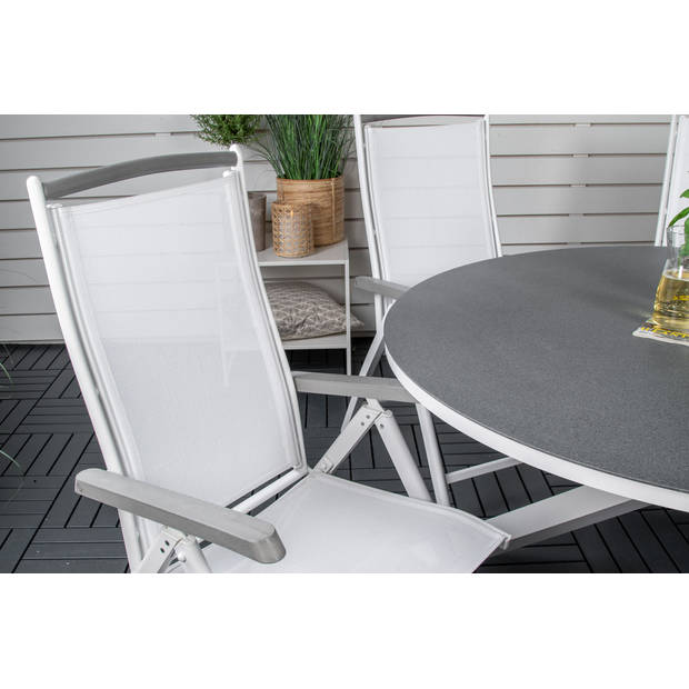 Copacabana tuinmeubelset tafel Ø140cm en 6 stoel 5posalu Albany wit, grijs, crèmekleur.