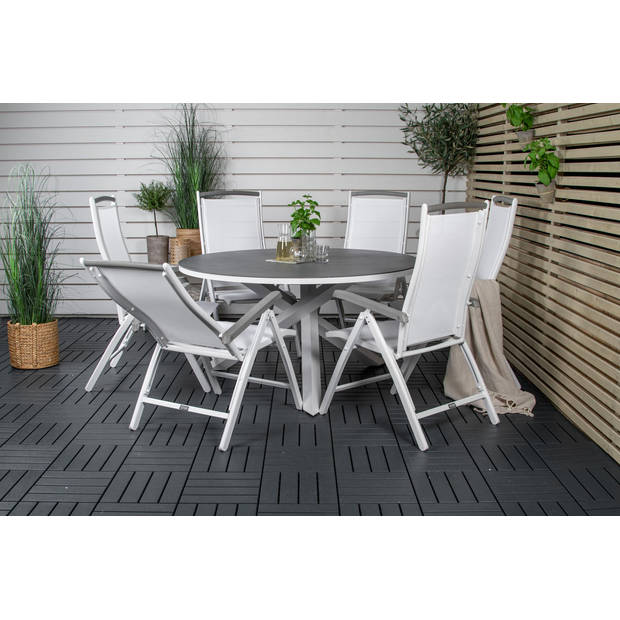 Copacabana tuinmeubelset tafel Ø140cm en 6 stoel 5posalu Albany wit, grijs, crèmekleur.