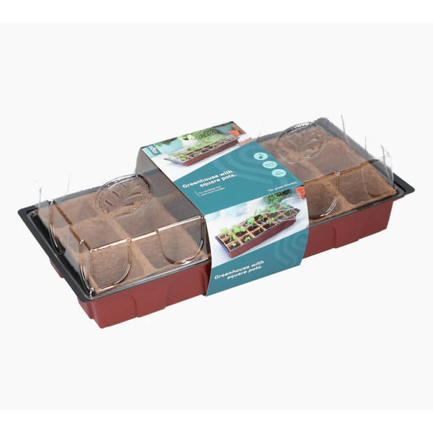 Tuinplus - Kweekkasje 11x39x19 cm inclusief 18 vierkante turfpotjes