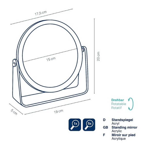 Kela - Spiegel, Staand, ø 15 cm, Draaibaar, 5x Vergroting, Acryl - Kela Via