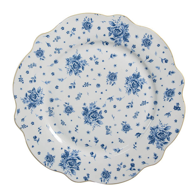 Clayre & Eef Dinerbord Ø 27 cm Wit Blauw Porselein Roosjes Eetbord Blauw Eetbord