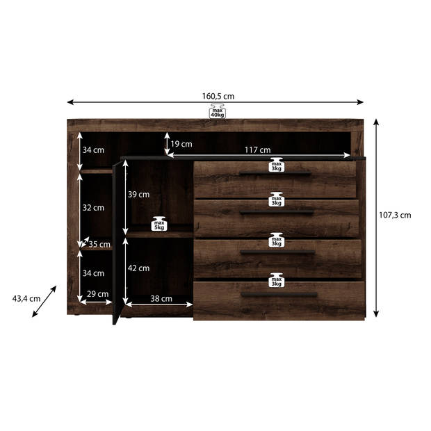 Meubella Dressoir Borna - Donker eiken - Grijs eiken - 161 cm