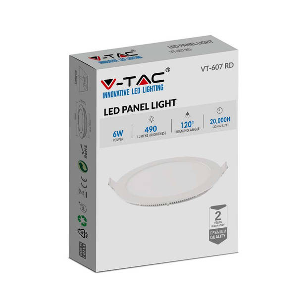 V-TAC VT-607RD-N Ronde LED Minipanelen - Premium Serie - IP20 - Wit - 6W - 490 Lumen - 2700K