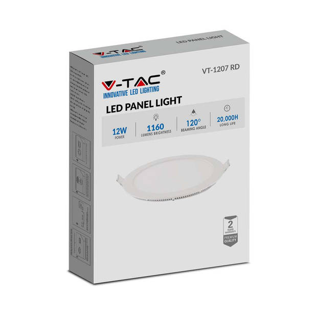 V-TAC VT-1207RD-N Ronde LED Minipanelen - Premium Serie - IP20 - Wit - 12W - 1160 Lumen - 6400K