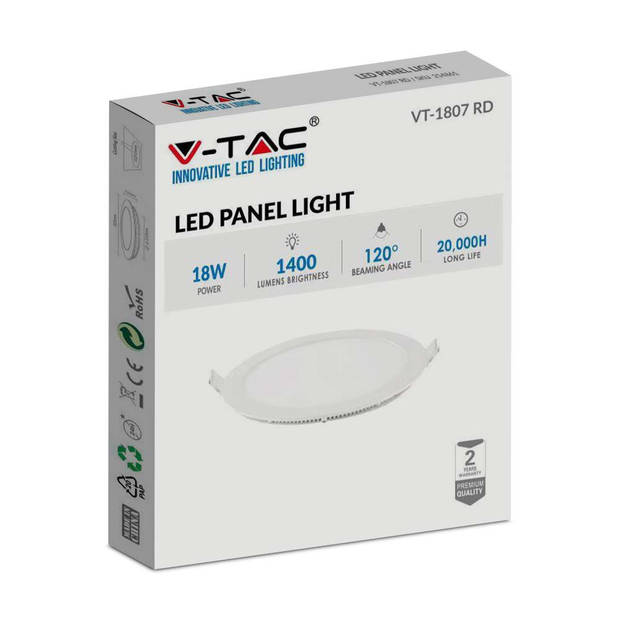 V-TAC VT-1807RD-N Ronde LED Minipanelen - Premium Serie - IP20 - Wit - 18W - 1400 Lumen - 6400K