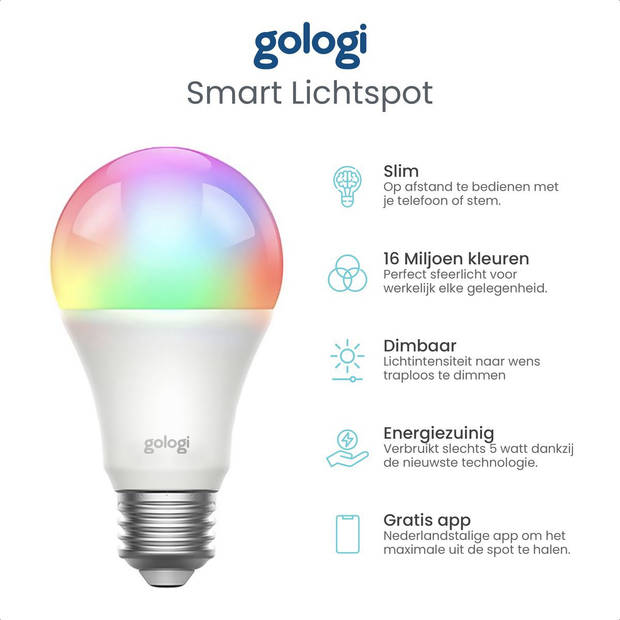 Gologi Slimme E27 Bulb Lamp – Smart WiFi – LED – Dimbaar – RGB – Mobiele App – Sfeerverlichting - 800 lumen - 4 stuks