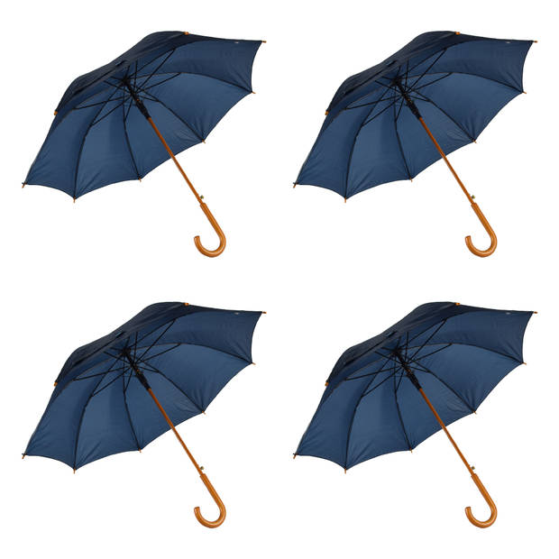 4x Paraplu Automatische paraplu navy blauw Opvouwbare paraplu Houten handvat 89cm*98cm
