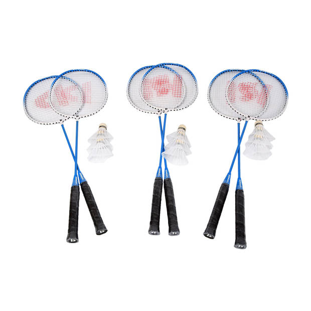 3 Badminton Sets met 2 Badmintonrackets en 3 Shuttles aluminium/bio plastic Rackettas blauw tennistas