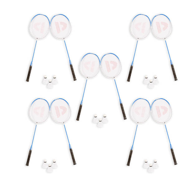 5 Sets met in totaal 10 Badmintonrackets en 15 Shuttles aluminium/bio plastic Rackettas blauw tennistas