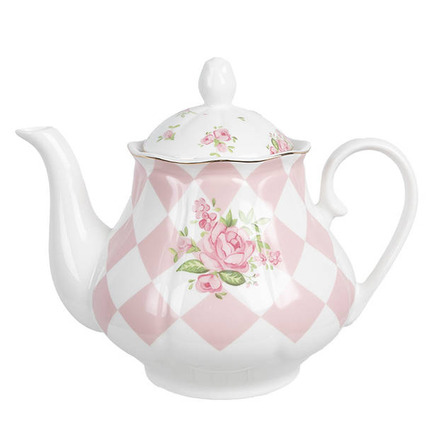 Clayre & Eef Theepot 1000 ml Roze Wit Porselein Rozen Roze