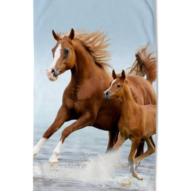 Droomtextiel Paarden Blauw Kinder Strandlaken - Handdoek 75x150 cm - Heerlijk Zacht - Velours