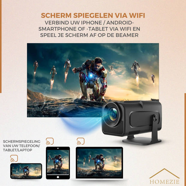Homezie Beamer 1080P Inclusief HDMI kabel & Afstandsbediening Scherm Spiegelen vanaf iPhone & Android