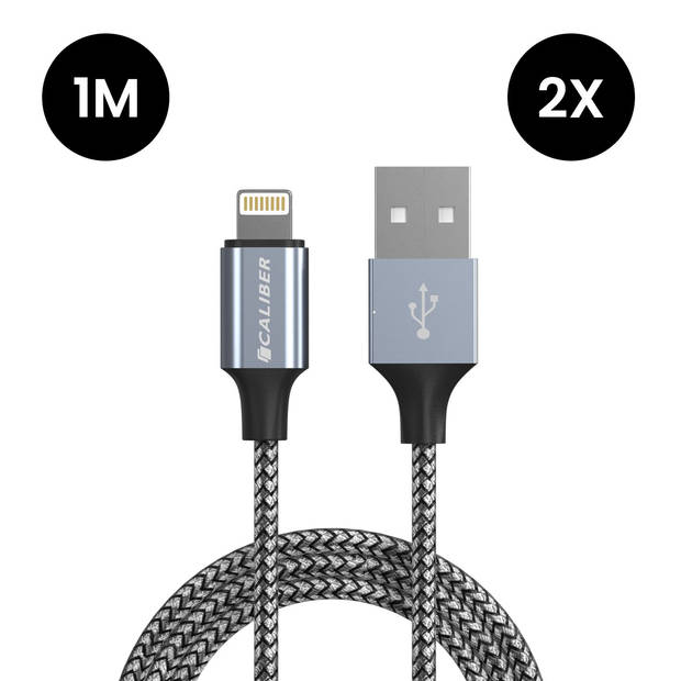 Caliber 2 x iPhone oplader kabel - Lightning USB Kabel - 2 Stuks iPhone Kabel - Sterke Nylon Oplaadkabel - Geschikt