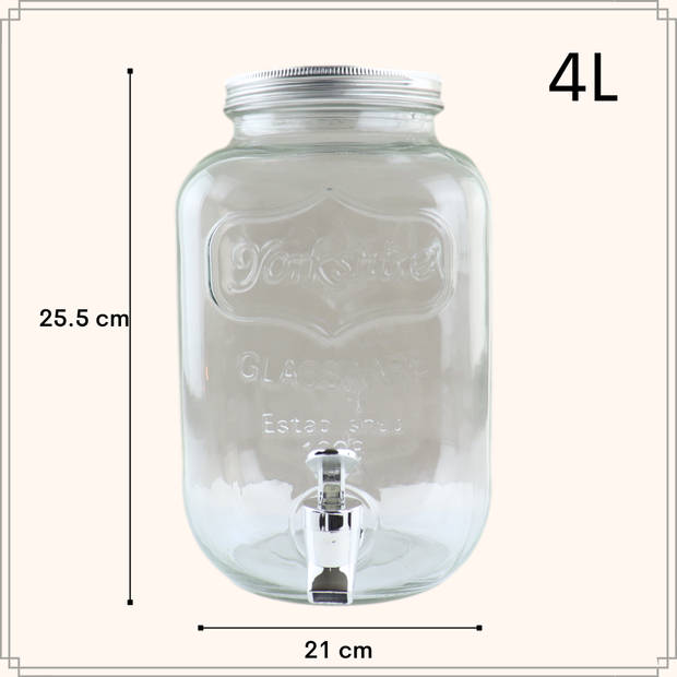 OTIX Drankdispenser - met Drinkbekers - Limonadetap - Glas - 4l - Mason jar - Set van 4