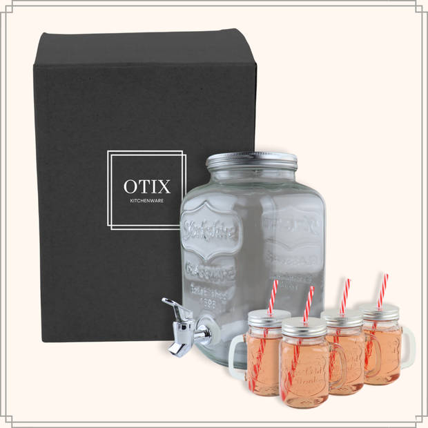 OTIX Drankdispenser - met Drinkbekers - Limonadetap - Glas - 4l - Mason jar - Set van 4