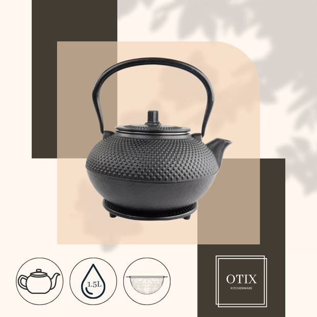 OTIX Japanse Theepot met Onderzetter en Filter - Tetsubin - Japans - Zwart - 1.5L - Gietijzer - Warmtehoudend