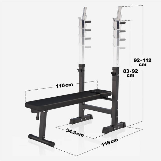 Gorilla Sports Halterbank zwart met 100 kg halterset - Fitnessbank - Verstelbaar - Halterstang met gewichten - Puzzelmat