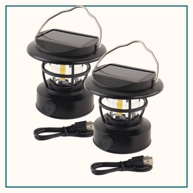 HIXA Kampeerlamp - Stormlantaarn - Campinglamp - LED - Solar - Oplaadbaar - 2 stuks