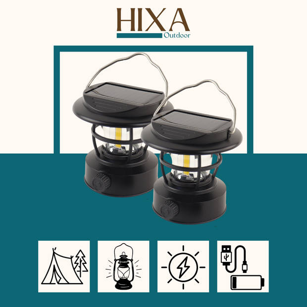 HIXA Kampeerlamp - Stormlantaarn - Campinglamp - LED - Solar - Oplaadbaar - 2 stuks